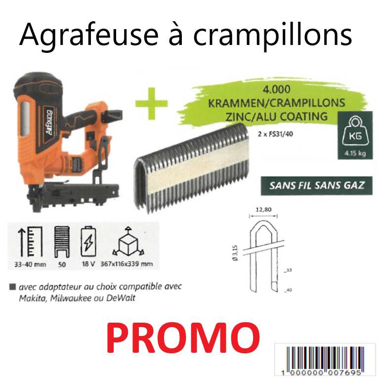 AGRAFEUSE A CRAMPILLONS SUR BATTERIE 18V + 4000 AGRAFES
